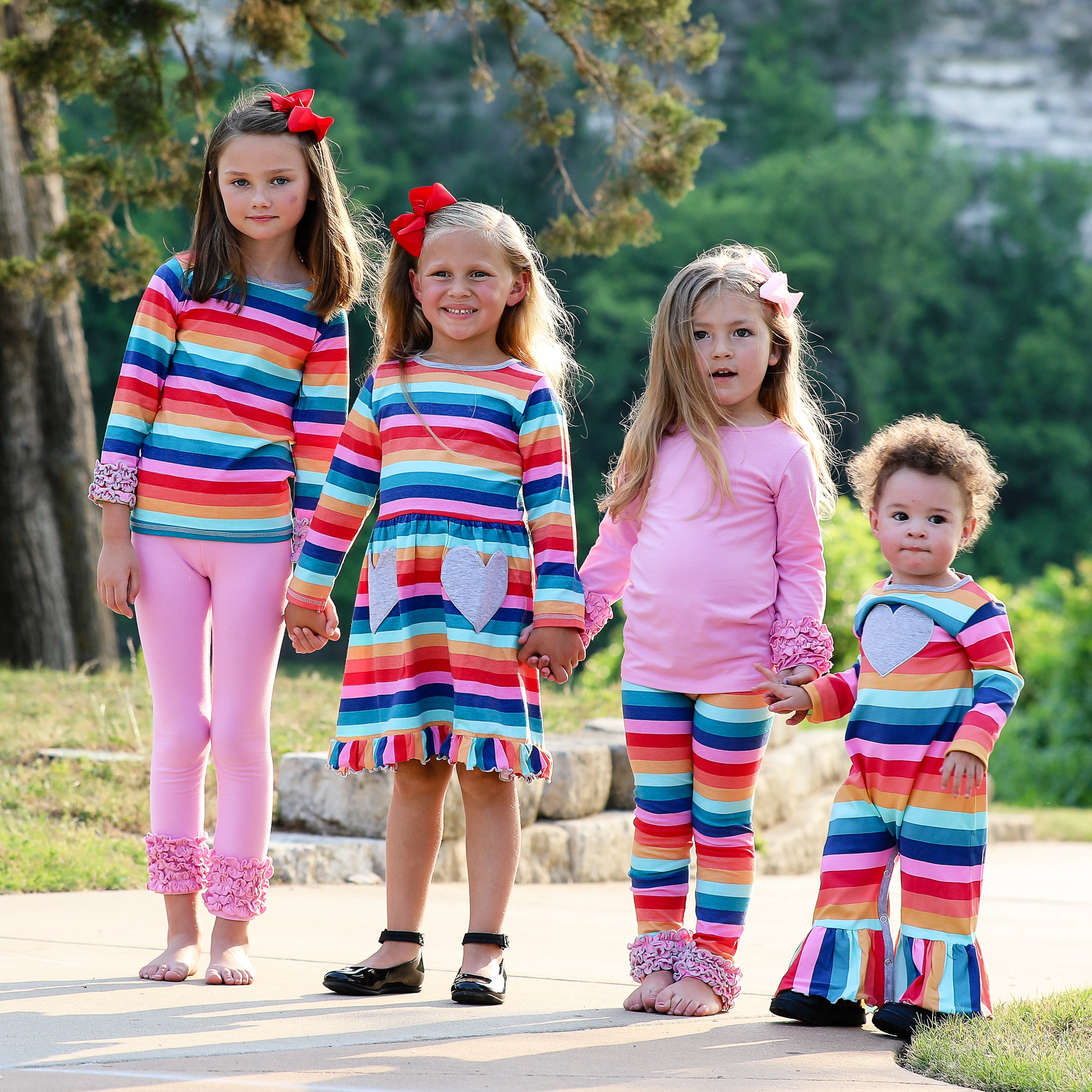 AnnLoren Rainbow Ruffle Butt Leggings for girls, featuring ruffles on the butt and ankles, made from soft Egyptian cotton.